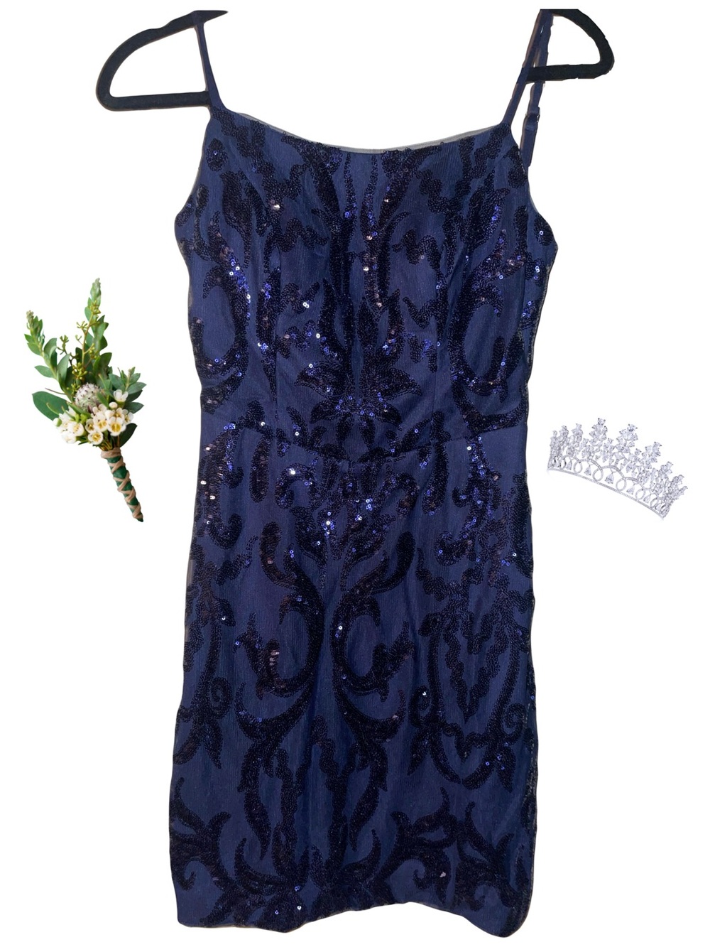 Navy Sequin Spaghetti-Strap Evening Dress